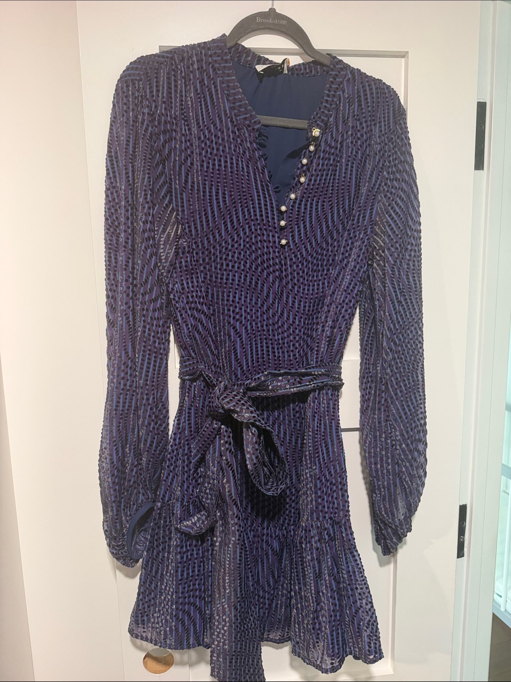 Tanya Taylor Navy Textured V‑Neck Long‑Sleeve Belted Midi Dress